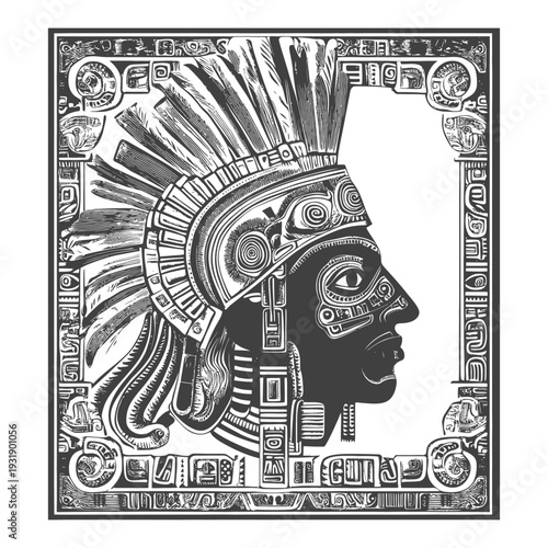 Profile Portrait of a Mayan Figure with Ornate Headwear