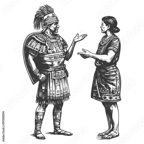 Roman Soldier and Woman in Traditional Clothing Talking