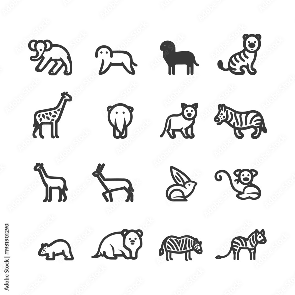 Fototapeta premium Set of 12 animal icons, including elephants, a giraffe, a tiger, a zebra, and a monkey