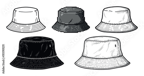Collection of five bucket hat illustrations in various artistic styles including line art, pixel art, and detailed hand-drawn sketches for fashion and apparel design