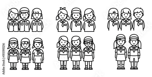 Collection of minimalist student and scout character icons depicted in a simple black outline style, featuring diverse groups of smiling boys and girls wearing different uniforms