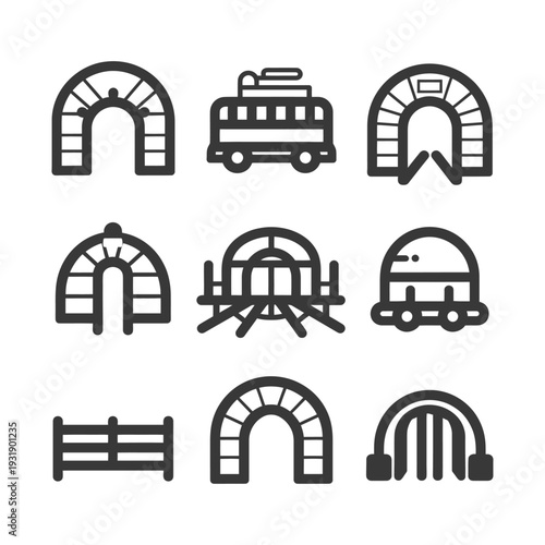 Set of 9 Arched Gateway Icons in a Simple Style