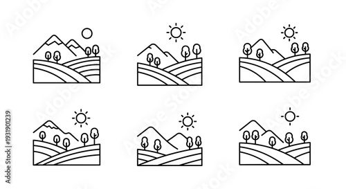 Set of six minimalist landscape line icons showing rural scenes with mountains, rolling fields, trees, and the sun, designed in a clean, modern, and simple graphic vector style