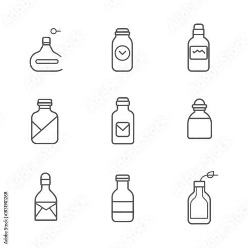 Set of 9 Outline Bottle Icons with Different Designs