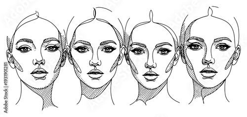 Collection of four beautiful female faces in hand drawn line art style