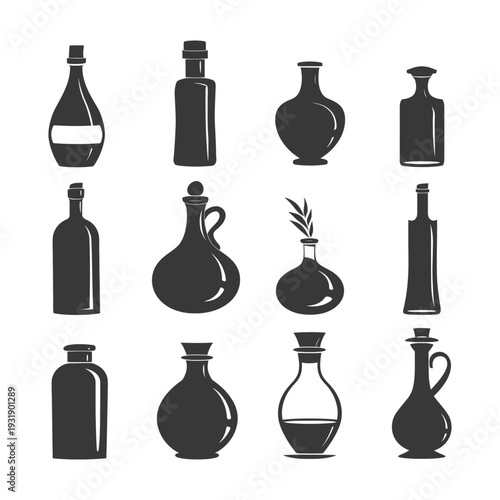 Set of 12 Black and White Bottle Silhouettes