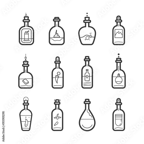 Set of 12 Bottle Icons with Various Contents