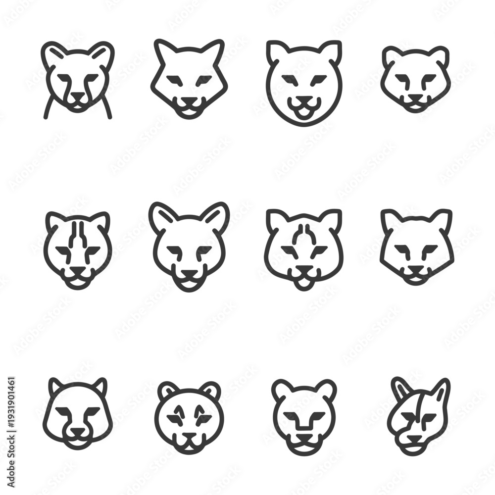 Obraz premium Set of 12 Line Art Cougar Heads in Different Styles