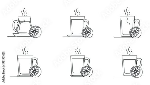 Set of six hot tea cups with lemon slices drawn in a continuous single line art style, showcasing a minimalist and elegant design for beverage or cafe concepts