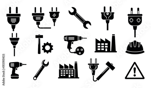 Set of black vector icons representing industry, electricity, and repair, featuring a drill, wrench, hammer, factory, and various electrical plugs in a simple glyph style