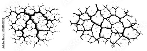 Set of two vintage hand drawn cracked earth or broken stone surface textures