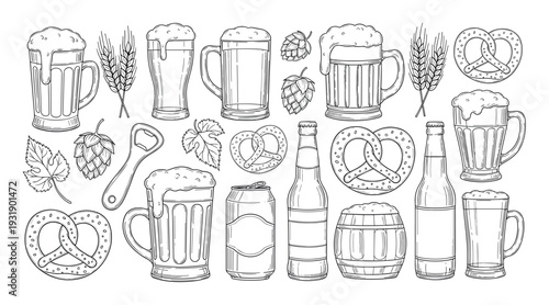 Hand drawn black and white beer illustrations set with mugs, glasses, bottles, pretzels, hops, and wheat in a detailed doodle style for a festival or bar menu design