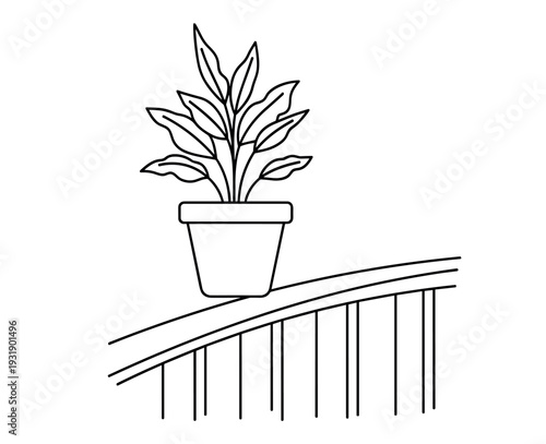 Potted houseplant with lush leaves sits on a balcony railing in a simple black and white line art illustration, representing home decor, gardening, and urban living