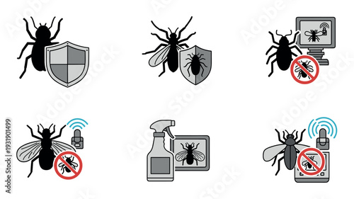 Set of six pest control and cybersecurity icons featuring insect silhouettes, shields, computers, and prohibition signs in a clean, minimalist graphic illustration style