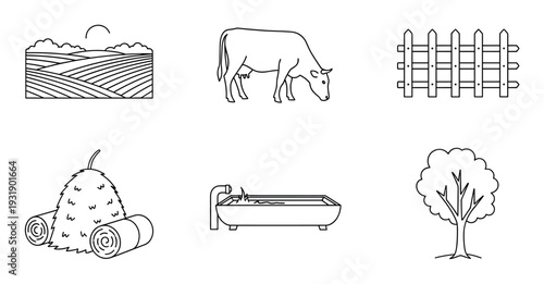Set of black line art icons depicting farming and agriculture elements like a cow, field, fence, haystack, water trough, and tree in a simple, minimalist vector style