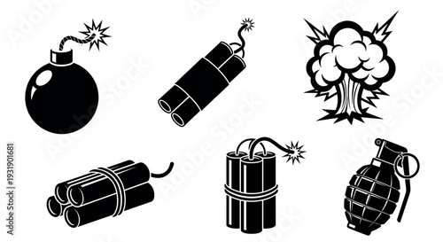 Collection of black explosive device icons including a classic round bomb, dynamite sticks, a hand grenade, and an explosion symbol presented in a graphic stencil style