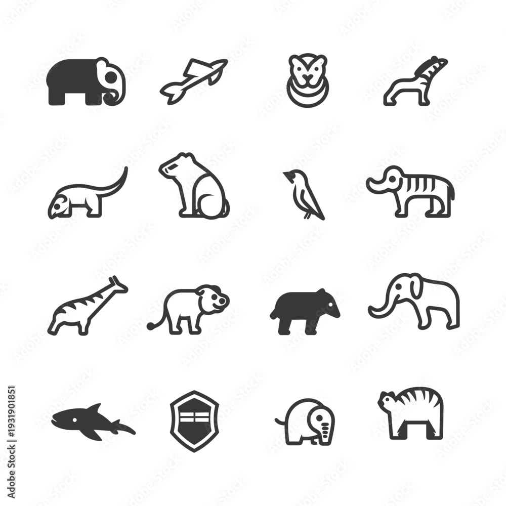 Naklejka premium Set of 16 Animal Icons for Wildlife, Zoo, or Safari Themed Designs