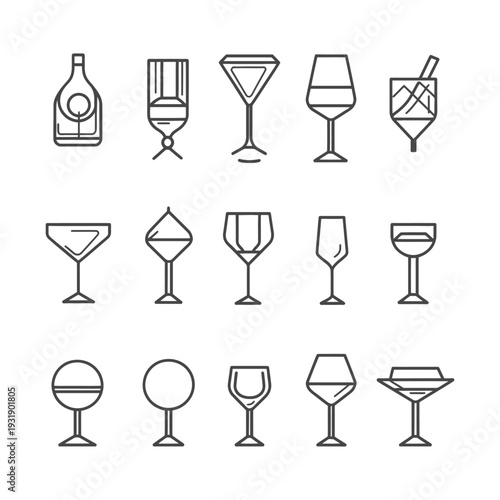 Set of 15 Wine and Cocktail Glass Outline Icons