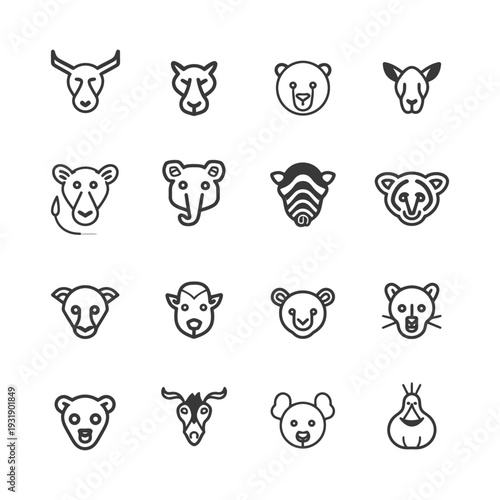 Set of 16 Animal Head Line Icons