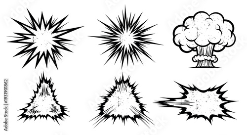 Comic book style explosion and burst icons in a black and white retro design, a set of six dynamic graphic elements including a mushroom cloud and various starburst shapes