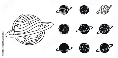 Collection of black planet icons in various minimalist styles, including line art and silhouette designs with rings, stripes, and craters for astronomy or science fiction themes