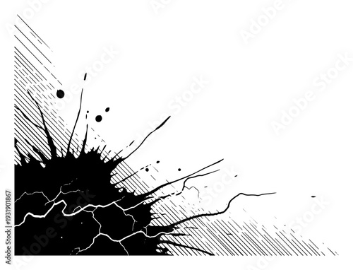 Vintage engraving of a black ink splatter in the corner with cracks and diagonal shading lines