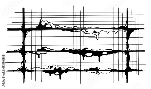 Abstract hand drawn illustration of melting black liquid over a horizontal grid structure