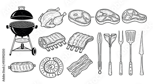 Barbecue grill meat and cooking tools set in a black and white hand-drawn sketch style, featuring steak, ribs, chicken, sausage, bacon, tongs, fork, and a spatula