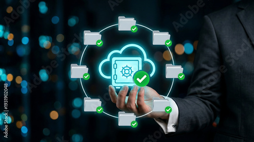 Secure cloud storage backup with glowing vault cloud icon and verified folder nodes representing encryption data protection file sharing and cybersecurity compliance
