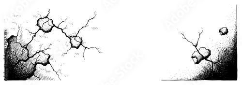 Detailed hand drawn engraving of cracked concrete and broken stone textures for backgrounds