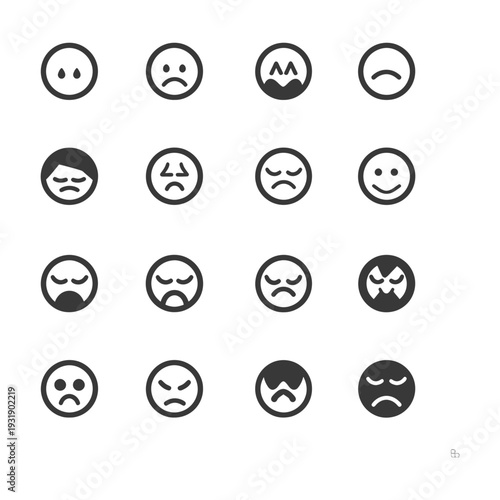 Set of 16 Circular Emojis Depicting Various Facial Expressions