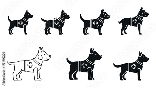 Set of service dog icons in different styles, including solid glyph and line art, showing a canine wearing a medical vest with a cross symbol for assistance or therapy