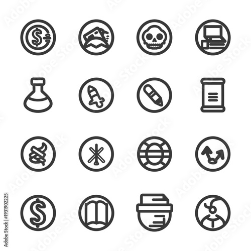 Set of 16 Circular Icons with Various Subjects