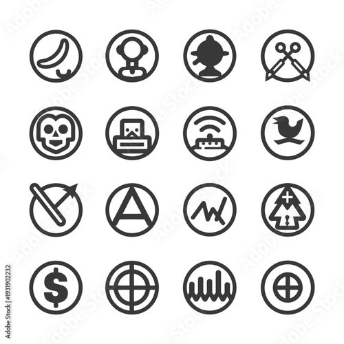 Set of 16 Circular Icons with Various Symbols