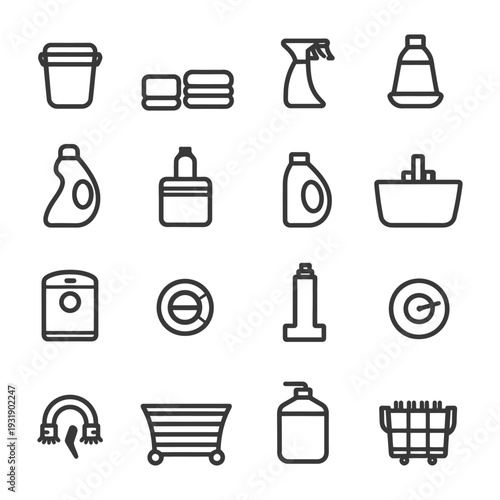 Set of 16 Cleaning and Washing Related Line Icons