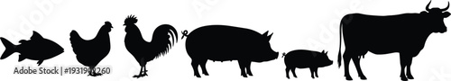 Black silhouettes of farm animals on white background fish