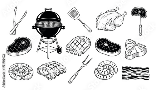 Collection of black and white barbecue elements including a grill, steak, ribs, chicken, and utensils in a hand-drawn vintage engraving illustration style