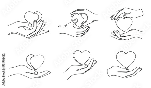 Collection of six continuous line drawings showing hands holding and protecting a heart, a minimalist black and white illustration set representing love, charity, and compassion