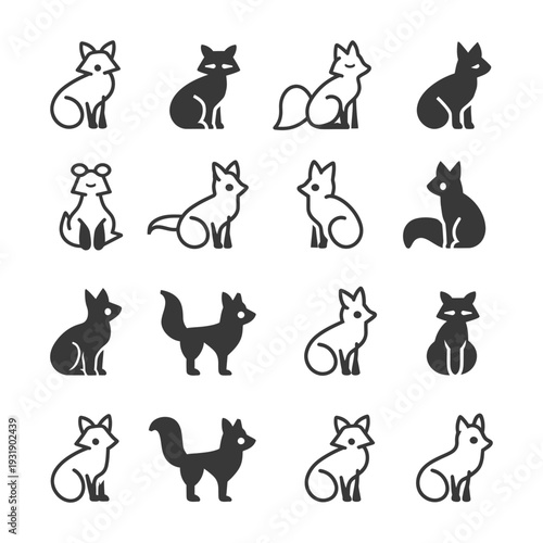 Set of 16 Fox Icons in Black and White