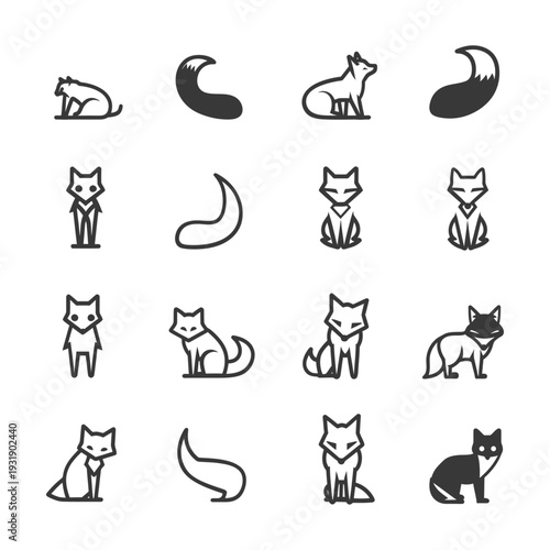 Set of 16 Fox Icons in Line and Silhouette Styles
