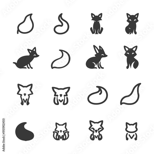 Set of 16 Fox Icons - Various Poses and Tail Variations