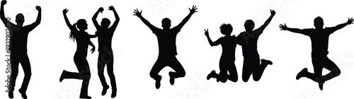 people, jumping, silhouettes, celebration, happiness, excited, joy, success, friends, teamwork, energy, freedom, black, vector, isolated, set, lifestyle, motivation, achievement, illustration