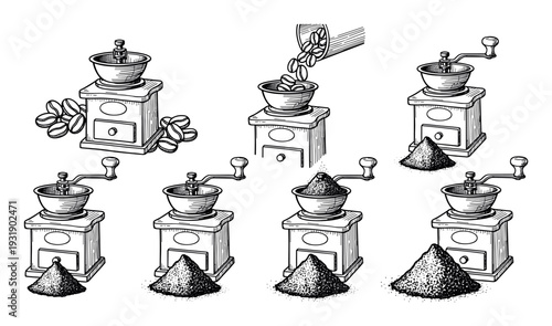 Hand-drawn illustration set of a vintage coffee grinder shows the step-by-step process of grinding beans, from whole to progressively larger piles of powder in a retro engraving style