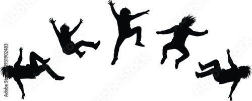 Black silhouettes of people jumping and falling on white background people falling dancing