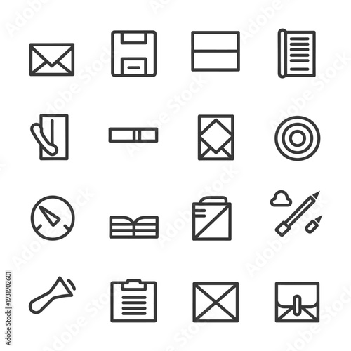 Set of 16 Line Icons for Documents, Mail, and Office Supplies