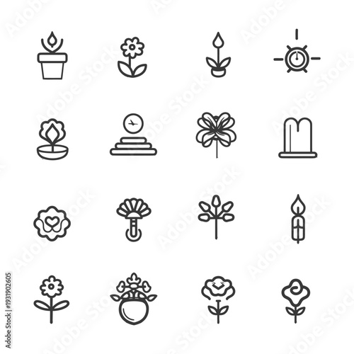 Set of 16 Line Icons for Flowers, Plants, and Time