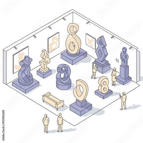 Art Gallery Exhibition Featuring Abstract Sculptures and Visitors.