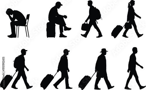 Black silhouettes of people walking and sitting with luggage