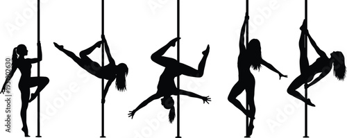 pole, dance, dancer, silhouette, woman, fitness, sport, performance, acrobatics, flexibility, strength, movement, black, vector, isolated, set, lifestyle, training, elegance, illustration