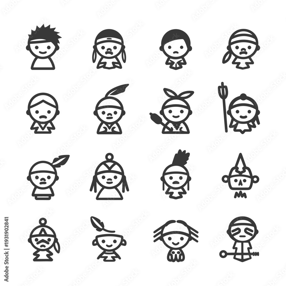 Fototapeta premium Set of 16 Native American Cartoon Characters in Line Art Style